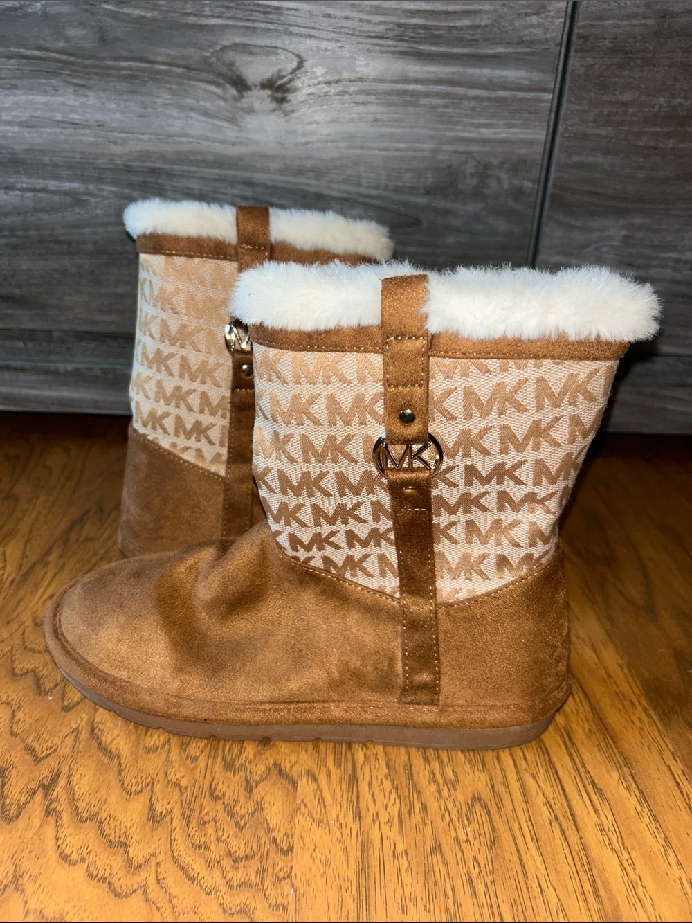 Michael Kors Tan & Cream MK Logo Shearling Boots